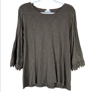 J. Jill Pintucked Lace Cropped Sleeve Top Solid Brown Size Medium